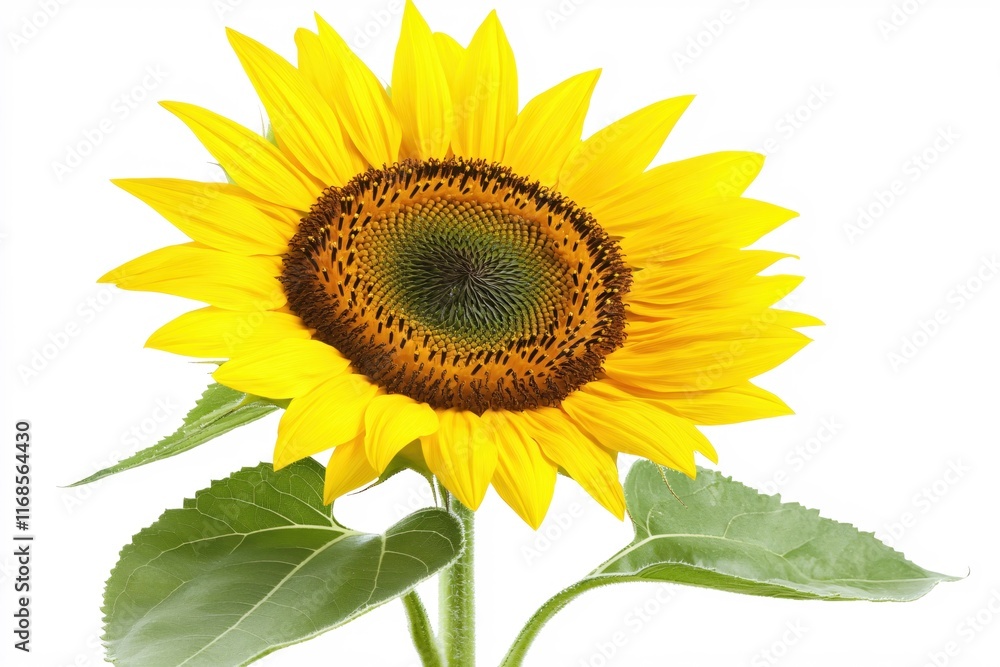 Fototapeta premium Bright and Vibrant Sunflower with Green Leaves on a White Background