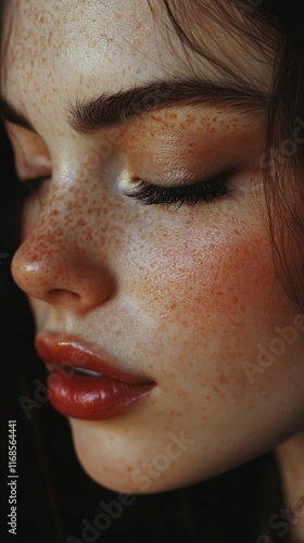 Close-up of a young woman with freckles and bold lipstick expressing tranquil...
