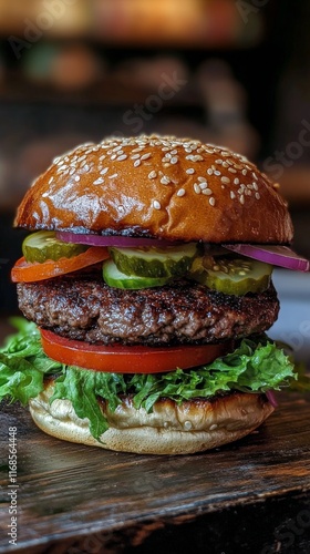 Juicy burger stacked with fresh vegetables served on a wooden table