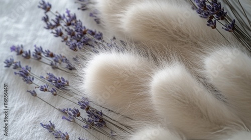 Delicate arrangement of lavender and fluffy white flowers on a soft surface