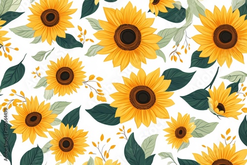 Vibrant Sunflower Pattern with Green Leaves on White Background for Designs