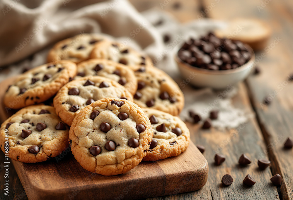 Chocolate chip cookies on a wooden board with chocolate chips in a bowl Chocolate chip cookies on a wooden board with chocolate chips in a bowl