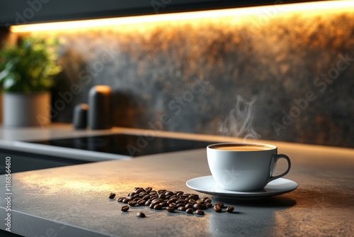 Coffee cup with steam on table alongside roasted beans in modern kitchen setting