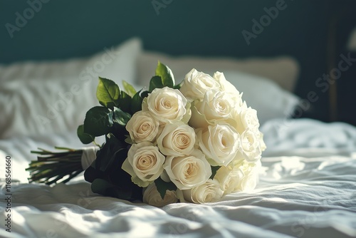 White roses bouquet arranged on a soft bed with warm ambient lighting