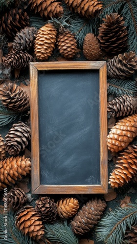 Wooden frame surrounded by pinecones and autumn leaves on a dark background