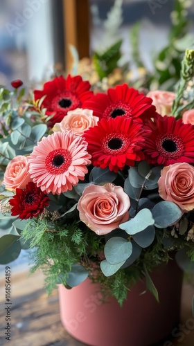Bright red gerbera daisies and soft pink roses arranged beautifully in a pot