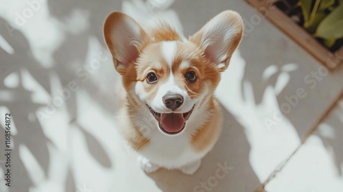 Happy corgi puppy playing in a sunny backyard near a swimming pool