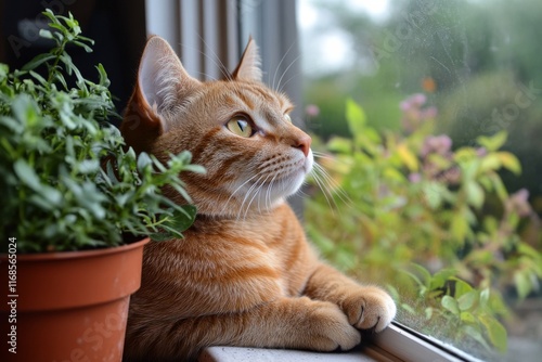 Cat relaxing by the window with houseplant on a sunny day
