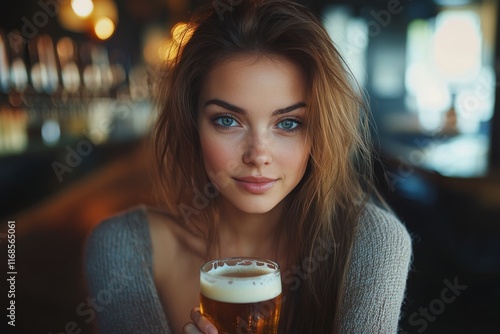 Young woman enjoying beer in a lively bar setting during evening hours