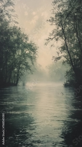 Misty morning by the river with reflections and soft clouds over the water