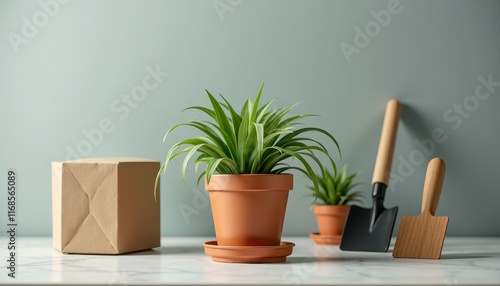 Mockup Plant Pot on white background with small plants and gardening tools. Packaging template mockup