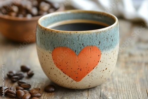 Handcrafted ceramic cup of coffee with a heart design beside coffee beans on ...