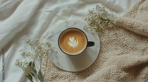 Warm cup of coffee on cozy blanket with heart-shaped latte art in soft mornin...