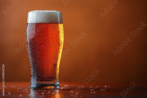 Chilled amber beer in a glass with bubbles against a warm orange background