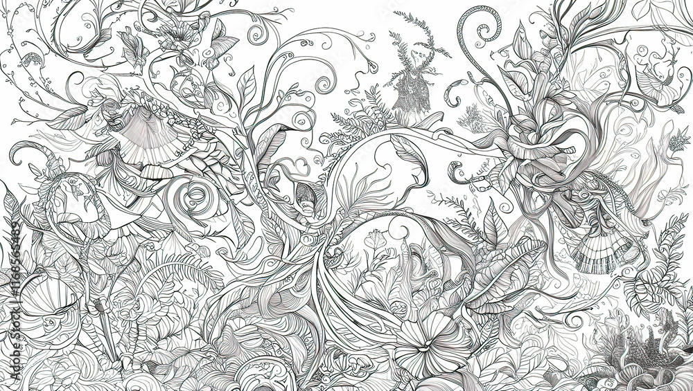 custom made wallpaper toronto digitalcoloring page featuring ornate fantasy and foliage inspired patterns, with intertwining swirls and curves that evoke a high fashion feel, perfect as a base for a unique tattoo design,