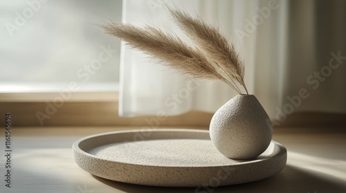 Natural decor arrangement featuring pampas grass on a textured surface in sof...