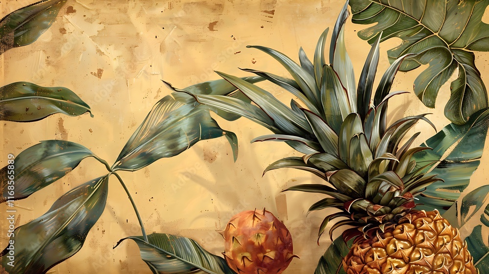 Obraz premium ripe pineapple with tropical leaves exotic fruit focus