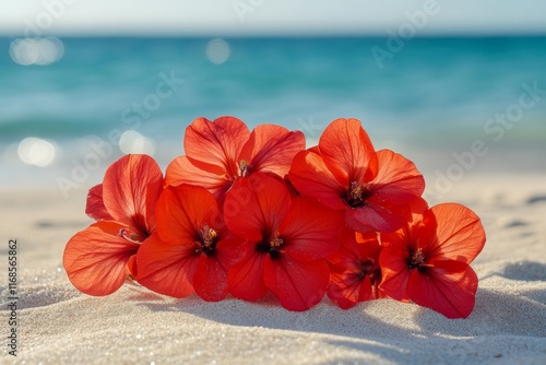 Bright red flowers resting on sandy beach under a clear sky during sunset