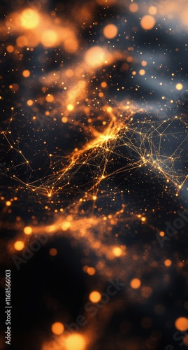 Abstract representation of orange lights and connections in a dark background