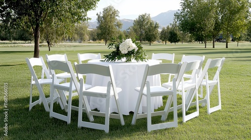 Elegant outdoor table setting with white chairs in bright green lawn surrounded by trees and mountains
