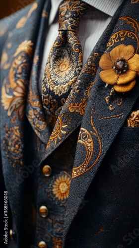 Elegant floral patterned tie and textured suit worn by a man at a formal event