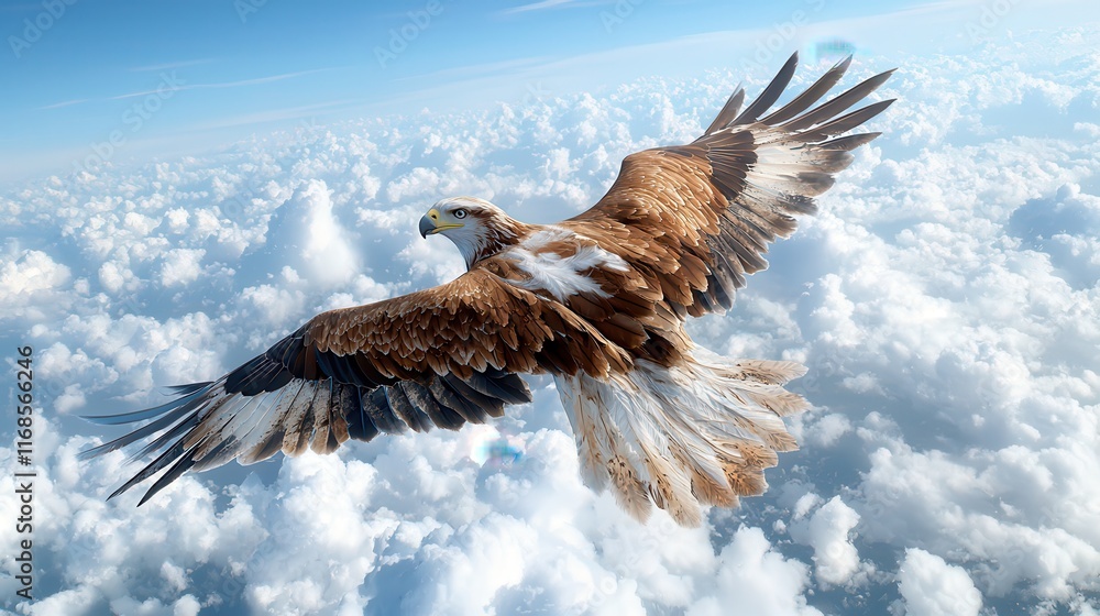 Majestic Eagle Soaring Over Fluffy Clouds in a Bright Blue Sky Captured in High Detail Photography
