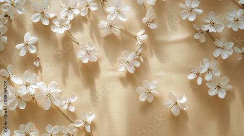 Delicate white flowers arranged on textured brown paper surface in soft natur...