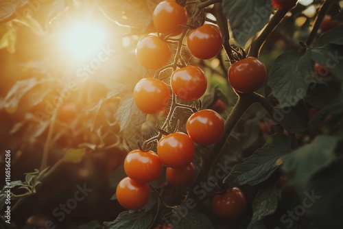 Ripe tomatoes growing in a garden during sunset in a warm climate
