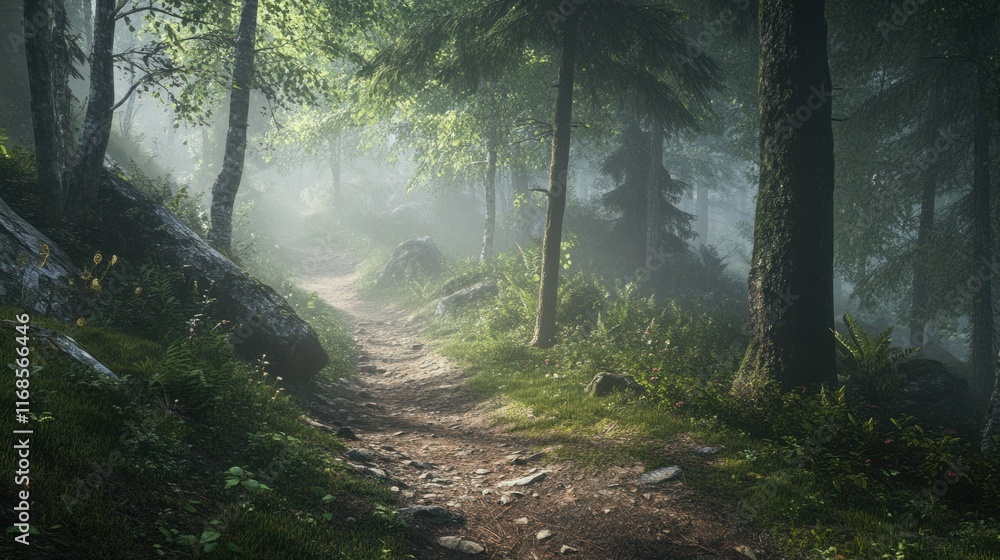 Obraz premium A serene hiking trail meanders through a foggy Bavarian forest, with sunlight filtering through tree canopies and highlighting the lush greenery