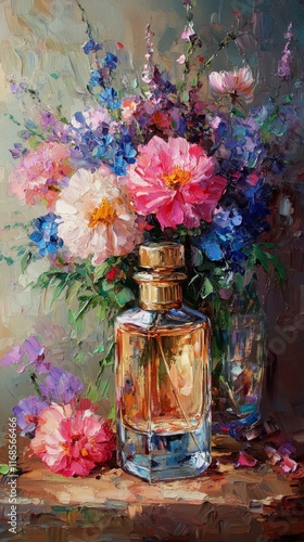 Colorful bouquet with perfume bottle on a wooden surface in a bright setting