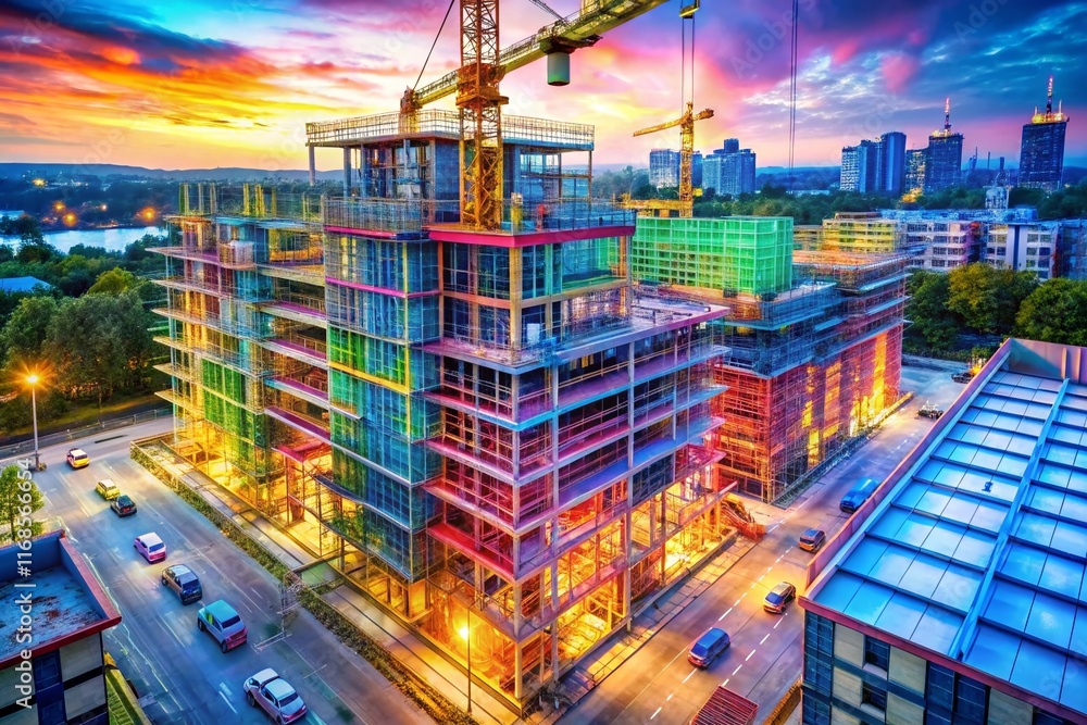 Fototapeta premium Drone Photography: BIM Model vs. Real-Life Construction - Architectural Evolution