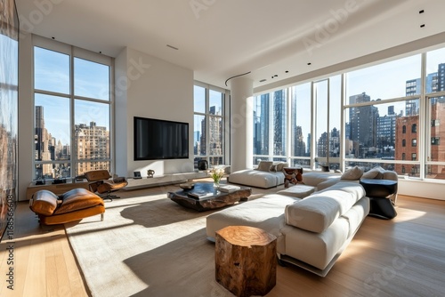 Modern urban living room with large windows and stunning city views