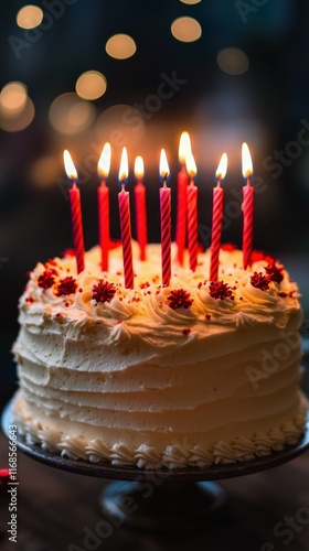 Celebrate a birthday with a beautifully decorated cake topped with lit candle...