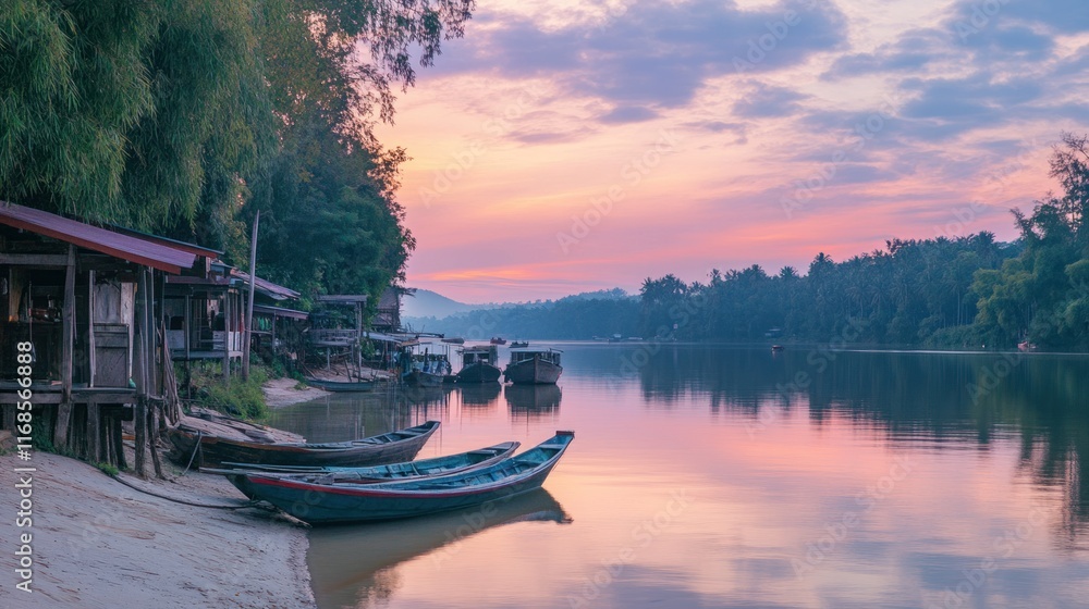 A serene riverside in a rural Thai village at dusk, with fishing boats anchored along the shore and soft pink skies reflected in the water A serene riverside in a rural Thai village at dusk, with fishing boats anchored along the shore and soft pink skies reflected in the water