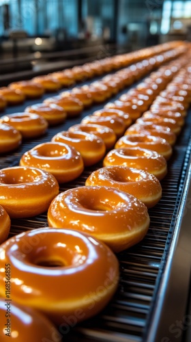 Freshly glazed donuts on conveyor belt in bakery during production process