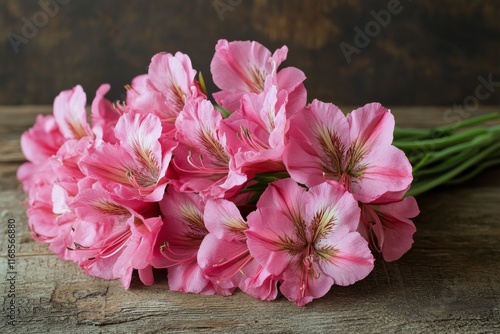 Vibrant pink flowers arranged beautifully on rustic wooden surface