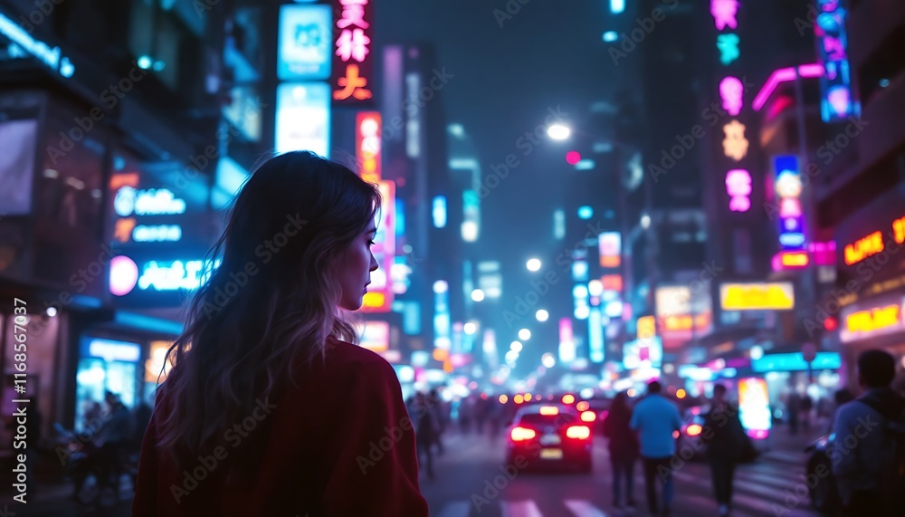 Woman Red Sweater Neon City Night Lightscape Background Woman Red Sweater Neon City Night Lightscape Background