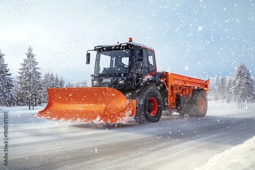 Snow plow clearing a snowy road in a winter landscape with trees photo