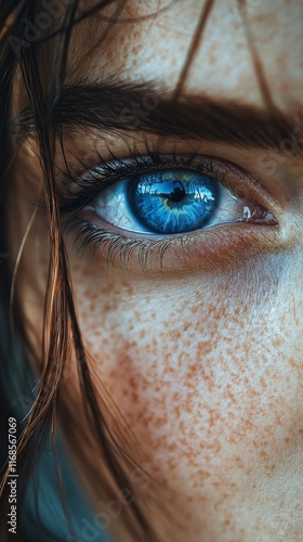 Close-up of a captivating blue eye with freckles and dark hair, showcasing vi...