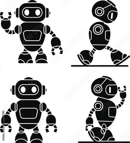 Group of Robotic Silhouette Icons in Various Poses with Clean, Minimalist Design