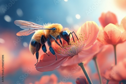Bumblebee collecting pollen from a pink flower in a vibrant garden during lat...