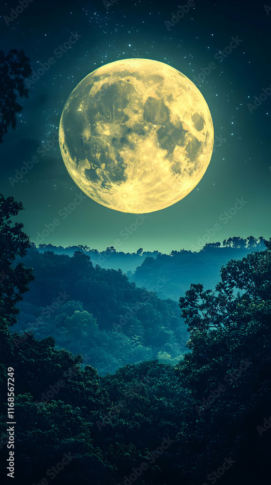 Full moon over lush, misty forest at night. Full moon over lush, misty forest at night.