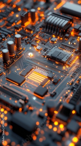 Close-up view of a glowing circuit board with intricate connections and illum...