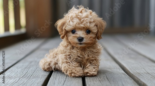 Cute fluffy puppy sitting on wooden deck in bright daylight enjoying the outd...