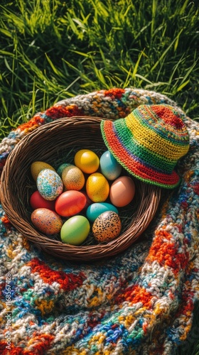 Colorful Easter eggs in a woven basket on a sunny spring day with flowers in ...