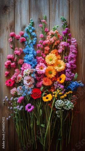 Brightly colored bouquet of wildflowers arranged against a wooden background