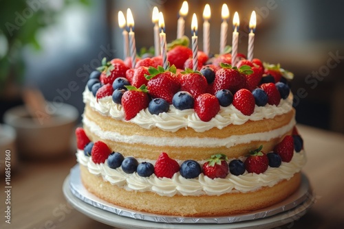 Beautiful layered cake decorated with fresh fruits and candles for a festive ...
