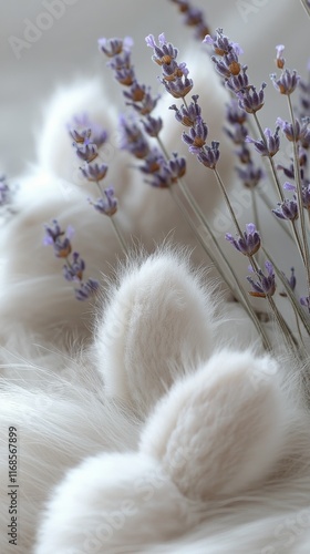 Soft white and purple flowers arranged in a beautiful display on a neutral ba...