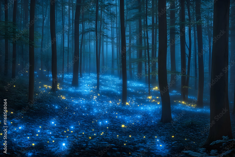 Naklejka premium Enchanting blue fireflies illuminate a mystical forest at night.