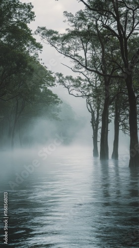 Misty morning by the river with reflections and soft clouds over the water